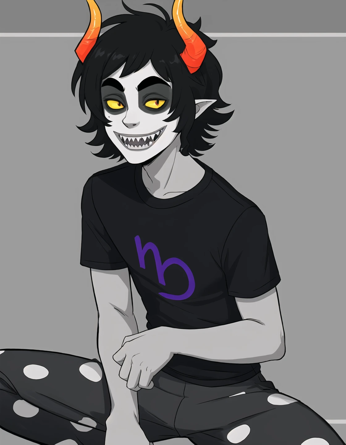 best quality, afterglow, 4k, ((masterpiece)), extremely detailed, 8k, trending on ArtStation, Intricate, High Detail, Sharp focus, gamzee <lora:gamzee:0.9>, solo, 1boy, male focus, black hair, horns, colored skin, grey skin, colored sclera, yellow sclera, sharp teeth, smile, shirt, t-shirt, polka dot pants