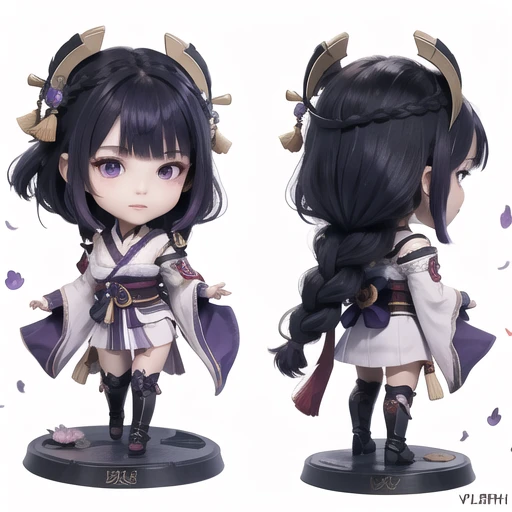 doll, raiden shogun, 1girl, long hair, japanese clothes, purple eyes, kimono, hair ornament, braid, sash, thighhighs, purple hair, chibi, obi, bangs, breasts, white background, armor, simple background, mole, looking at viewer, wide sleeves, front and back, shoulder armor, mole under eye, long sleeves, obiage, obijime, multiple views, very long hair, blunt bangs, standing, petals, closed mouth, purple kimono, gloves, bridal gauntlets, black gloves, faux figurine, single braid, full body, vision \(genshin impact\), blush, tassel, from behind, braided ponytail, ribbon, base, tomoe \(symbol\), mitsudomoe \(shape\), makeup <lora:raiden_shogun-doll1.5v1-000002:0.6>