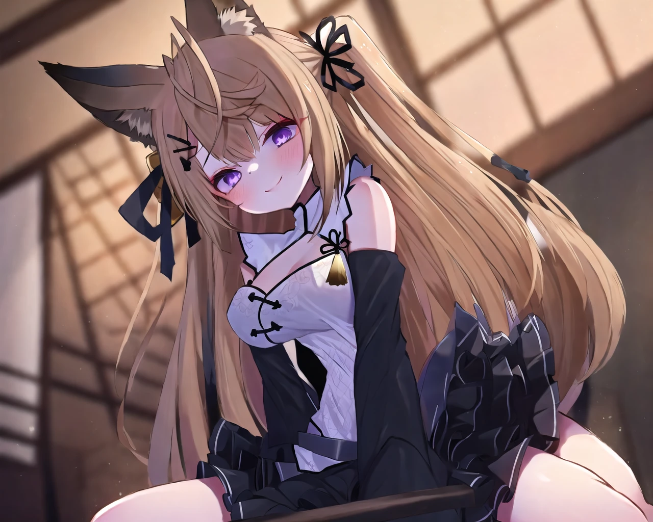 (masterpiece, best quality:1.2), girl, 1girl, solo, kokuri, purple eyes, white chinese clothes, cleavage cutout, fox ears, animal ear fluff, brown blonde very long hair, bangs, ahoge, hair ribbon, hair bell, bare shoulders, detached long black frilled sleeves, frilled black skirt, belt,  BREAK
from below, close up, wariza, sitting, smile, blush, indoor, cozy bedroom, from below, <lora:Kokuri_10:1>