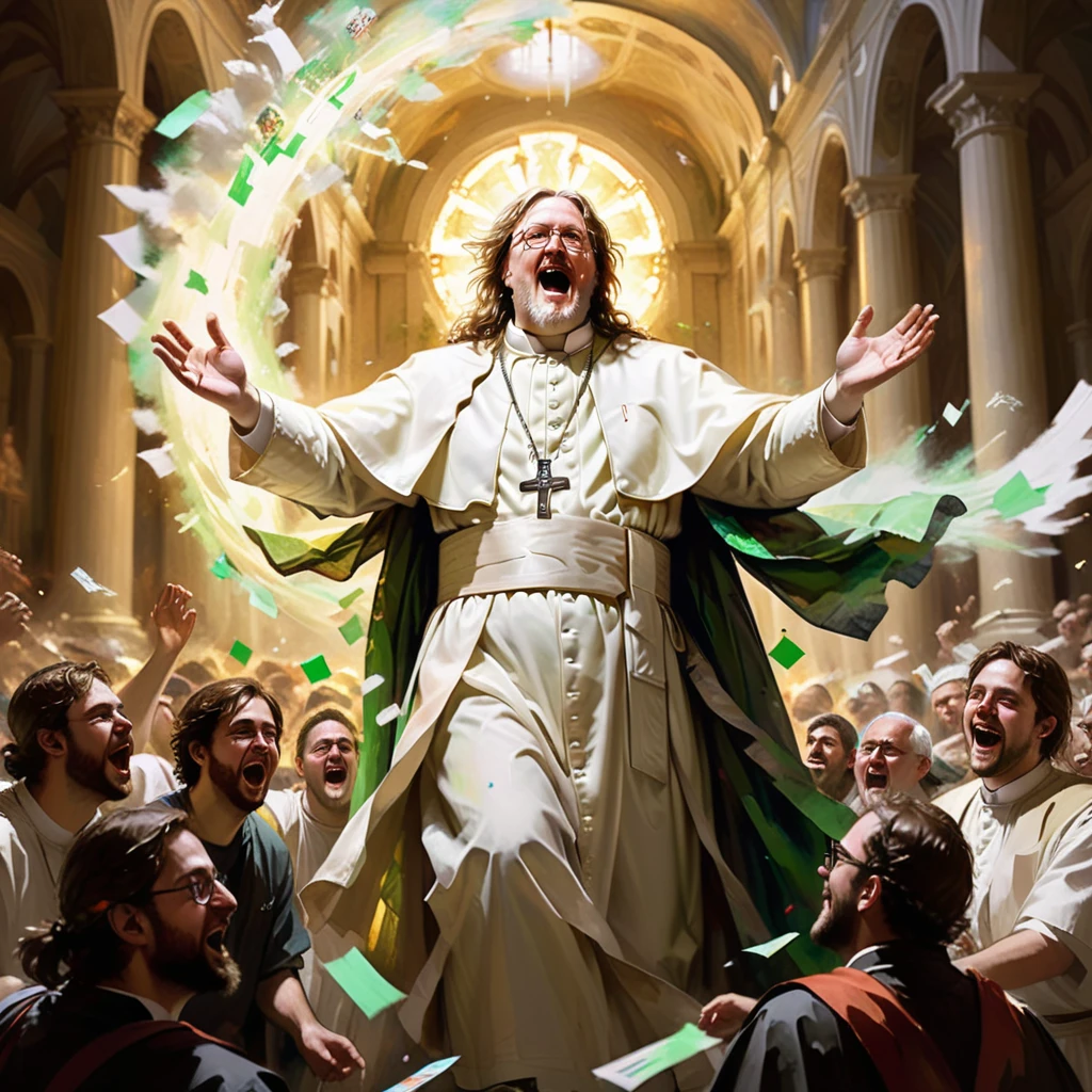 A painting in the style of an old master, depicting Gabe Logan Newell with an air of papal grandeur, bathed in an ethereal glow. Around him swirls a whirlwind of green paper scraps, each emblazoned with '50% off,' symbolizing the excitement of sales. He is surrounded by a diverse group of enthusiastic gamers, each one engaged in various states of joy and excitement, their expressions a mix of awe and admiration. The setting is both majestic and playful, capturing a blend of reverence and the spirited fun associated with gaming culture,<lora:godoil:0.55>