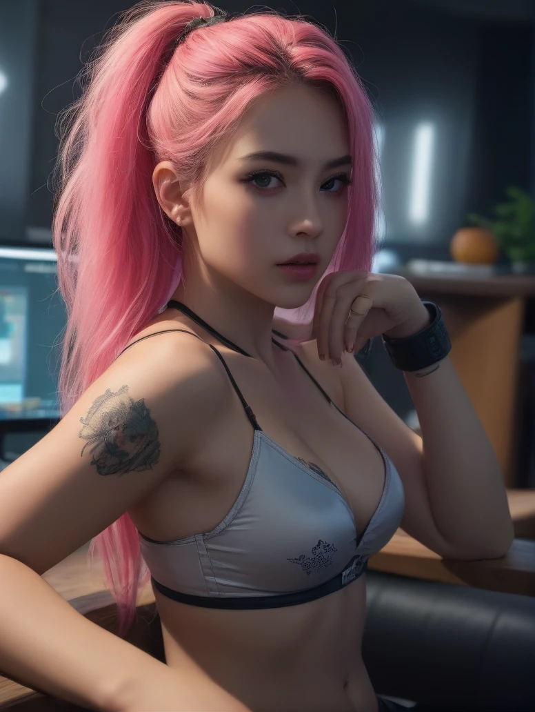 amazingly detailed, masterpiece, ultra hd, full shot, dynamic angle, beautiful girl, computer gamer, gaming computer, gaming chair, playing cyberpunk 2077, neon bedroom, streamer setup, (korean:0.3, european:, celtic:0.4), cyberpunk theme, wild long hair, Wavy Cut with Curtain Bangs, bubblegum pink hair, high detail hair, smokey eye shadow, high detail skin, high detail eyes, seductive eyes, smokey makeup, slender body, toned body, perfect face, slim athletic body, (perky small breasts:0.75), (cold attitude, eyeshadow, eyeliner:1. 6), vibrant colors, beautiful, dramatic lighting, shallow depth of field, Ultra-realistic, focused shot, (epic composition, epic proportion), , fullbody, anime