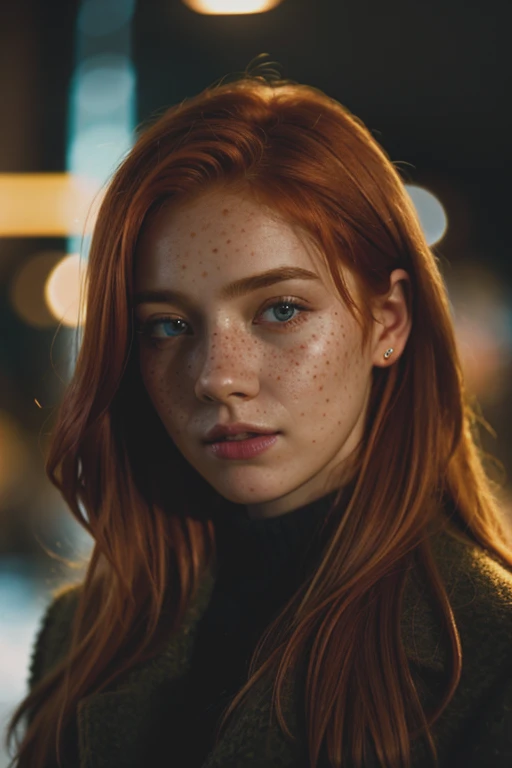 cinematic photo (art by Mathias Goeritz:0.9) , photograph, Lush Girlfriend, Tax collector, Rich ginger hair, Winter, tilt shift, Horror, specular lighting, film grain, Samsung Galaxy, F/5, (cinematic still:1.2), freckles . 35mm photograph, film, bokeh, professional, 4k, highly detailed