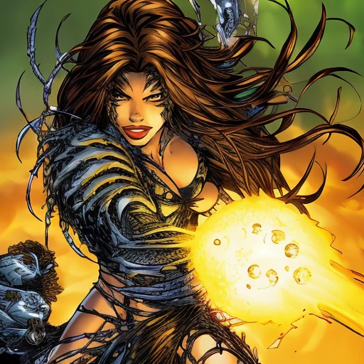 <lora:MTMSImagineComicsStyleV2Lora:0.8> mtms, witchblade, woman with brown hair fighting monster, green, yellow, silver, armor, spikes, tendrils, burning claw