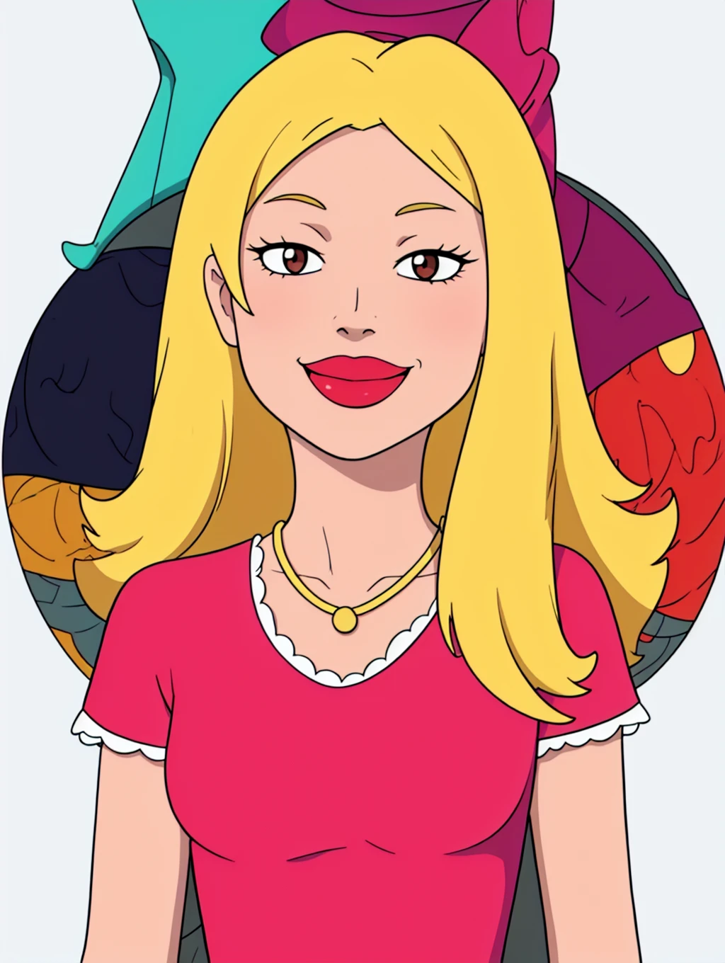 <lora:FraniceOmix:0.5> francine, 1girl, blonde hair, toon (style), long hair, breasts, solo, makeup, jewelry, necklace, flat color, lipstick , pink dress,looking at viewer, light smile,