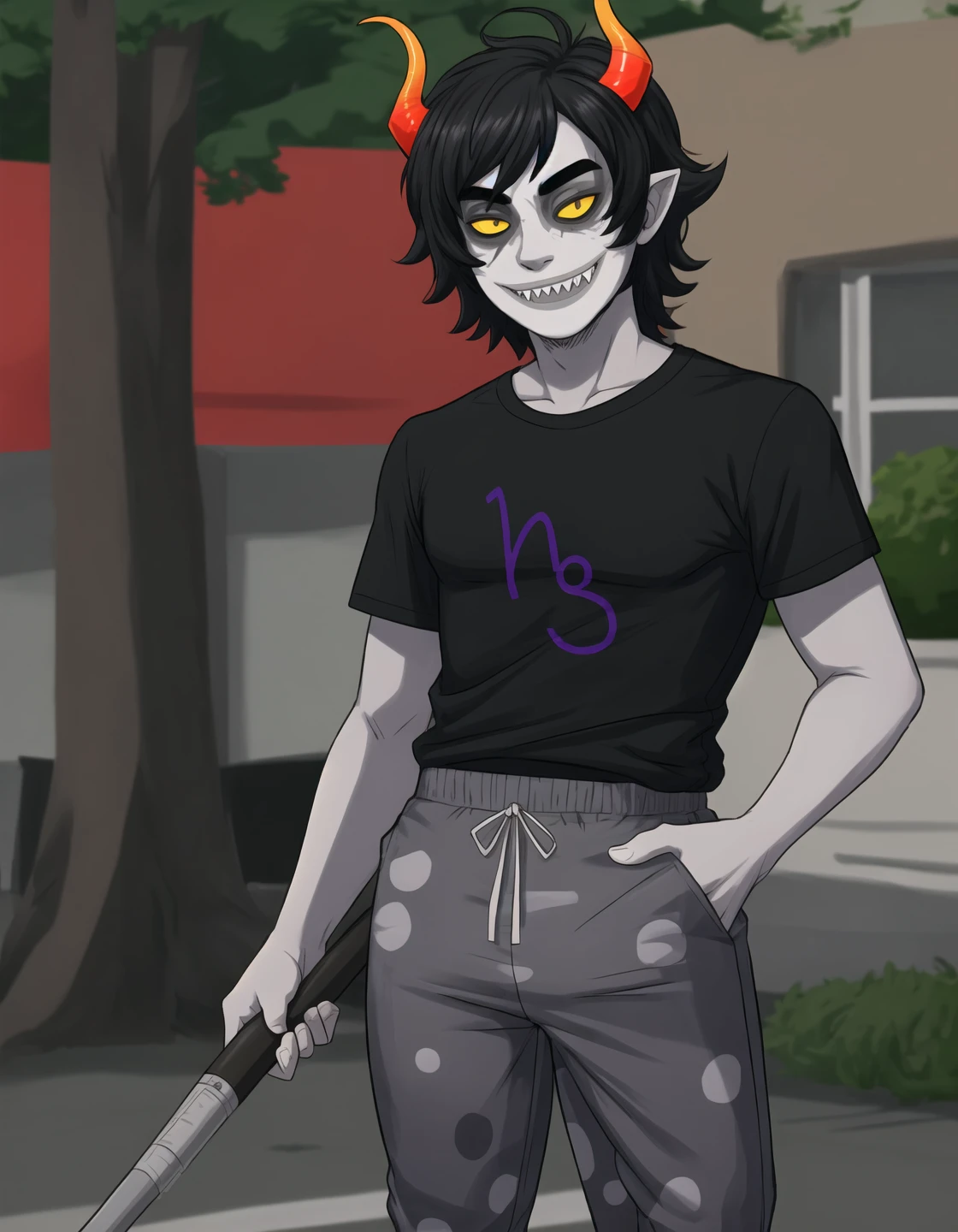 best quality, afterglow, 4k, ((masterpiece)), extremely detailed, 8k, trending on ArtStation, Intricate, High Detail, Sharp focus, gamzee <lora:gamzee:0.9>, solo, 1boy, male focus, black hair, horns, colored skin, grey skin, colored sclera, yellow sclera, sharp teeth, smile, black shirt, t-shirt, polka dot pants, standing, outdoors, <lora:more_details:0.5>