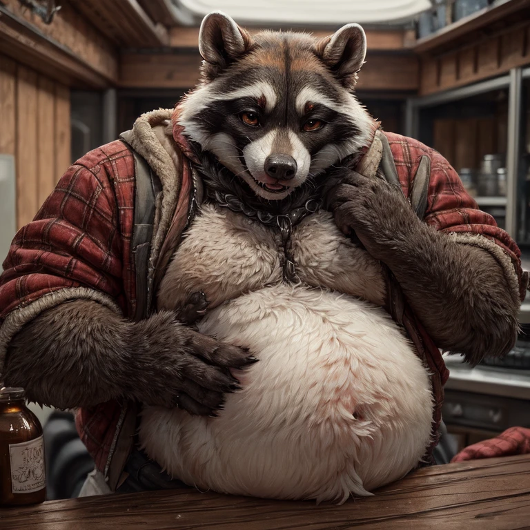 raccoon, male,  slightly chubby, belly grab, belly inflation, ineffective clothing,
BREAK,
(detailed background:1.2),high detail, film photography, RAW candid cinema, realistic, analog style, best quality, ultra realistic, 8k, (by Zangusuu, by Ulitochka),