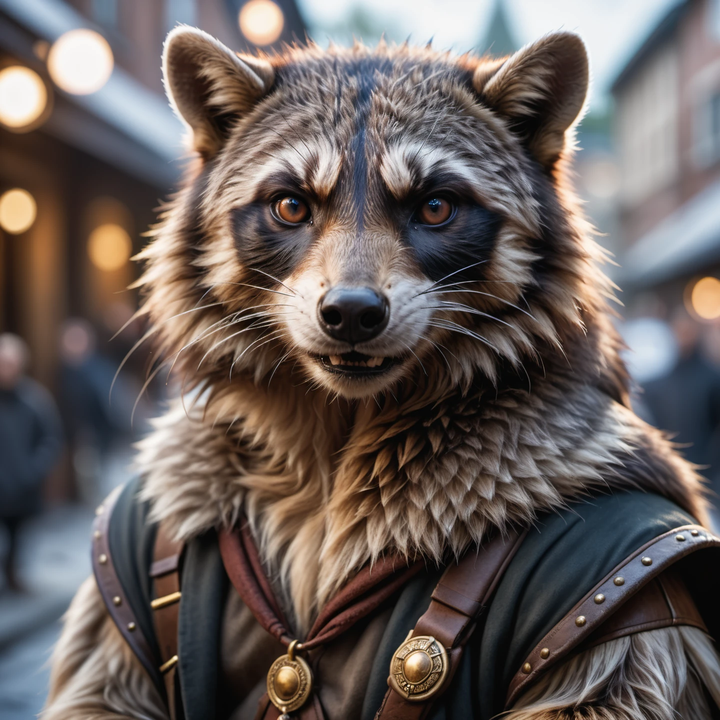 cinematic film still face portrait from an anthro male raccon, fangs, realistic fur,RAW candid cinema, 16mm, color graded portra 400 film, remarkable color, ultra realistic, textured skin, remarkable detailed pupil shot with cinematic camera, high quality photography, 3 point lighting, flash with softbox, 4k, Canon EOS R3, hdr, smooth, sharp focus, high resolution, award winning photo, 80mm, f2.8, bokeh . shallow depth of field, vignette, highly detailed, high budget, bokeh, cinemascope, moody, epic, gorgeous, film grain, grainy, high quality photography, 3 point lighting, flash with softbox, 4k, Canon EOS R3, hdr, smooth, sharp focus, high resolution, award winning photo, 80mm, f2.8, bokeh