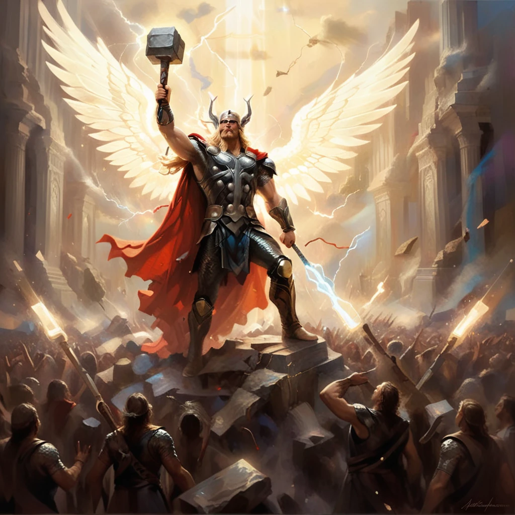 An oil painting depicting the majestic Marvel character Thor, the God of Thunder, exalted above a multitude of adoring followers. Thor is portrayed with wings unfurled, radiating divine light that illuminates the faces of the awestruck crowd below. His hammer, Mjolnir, crackles with potent electricity, signifying his immense power. The painting captures the reverence and awe of the moment, with Thor's figure dominating the scene, embodying both the might and nobility of a deity admired by his faithful devotees,<lora:godoil:0.65>