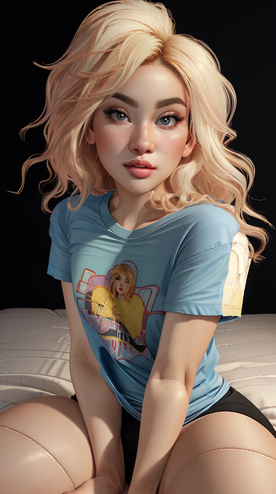 woman wearing a ((oversized t-shirt:1.2)), ((messy hair, bedhead)), long hair, hyper realistic, 4k, medium breasts, masterpiece, beautiful, facing the viewer, headshot, cleavage, pale skin, fair skin, ((nasolabial folds)), skin colored lipstick, DSLR RAW PHOTO, 8K, POV, canon 5d, 85mm, ((bedroom, early morning, sitting on a bed, dim lights, black background)), smirk, sexy pose, AS-Adult, (RAW photo:1.2), (photorealistic:1.4), (masterpiece:1.4), (best quality:1.4), ultra high res, ((detailed facial features)), HDR, 8k resolution, upper body, \(nikke\), (masterpiece:1.4), (best quality:1.4), (shiny skin), <lora:SLLORA_V2:1>
