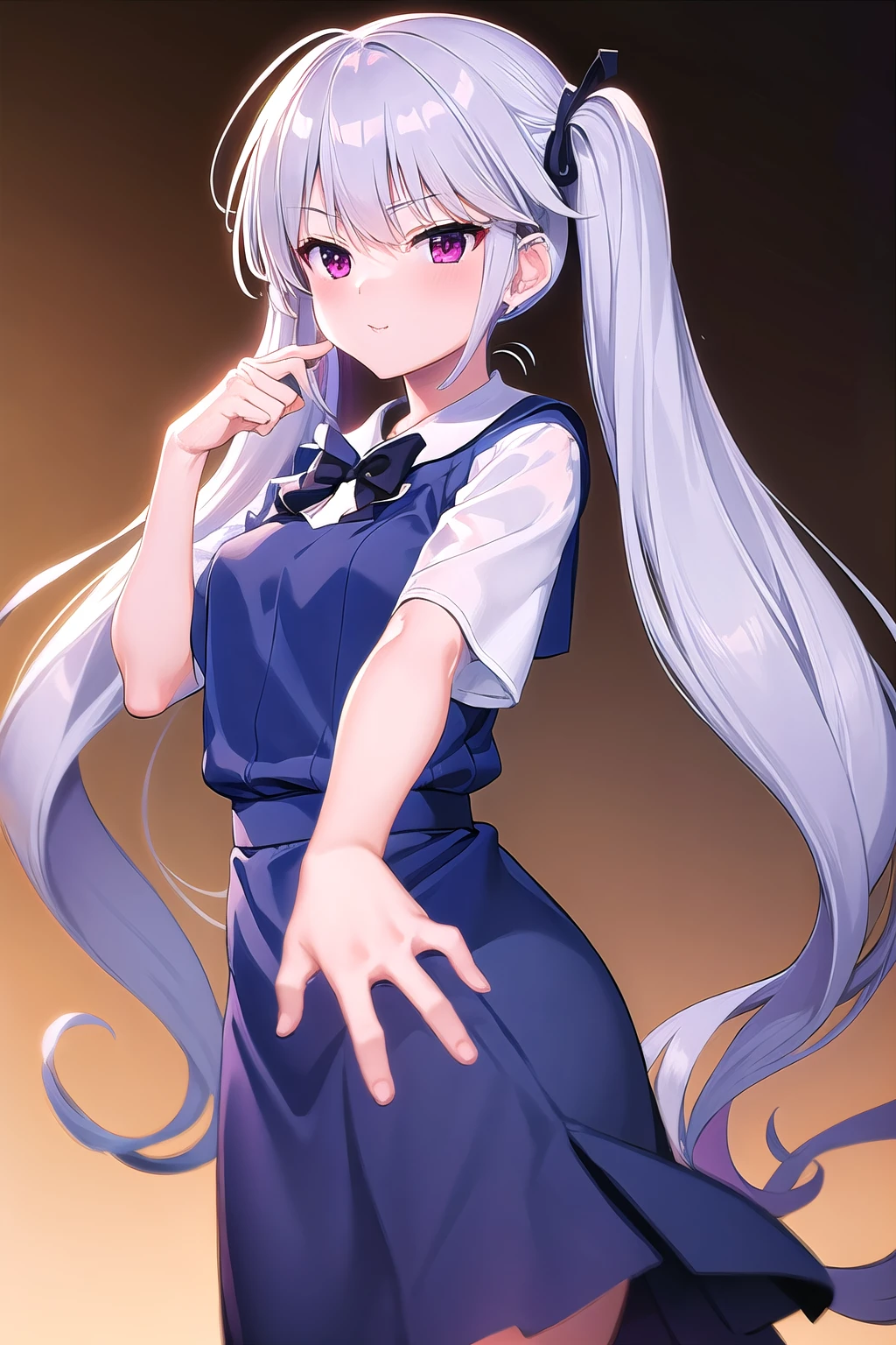 masterpiece, best quality, ultra-high-detailed, kazami kazuki, silver hair, long hair, purple eyes, school uniform, black bow, twintails