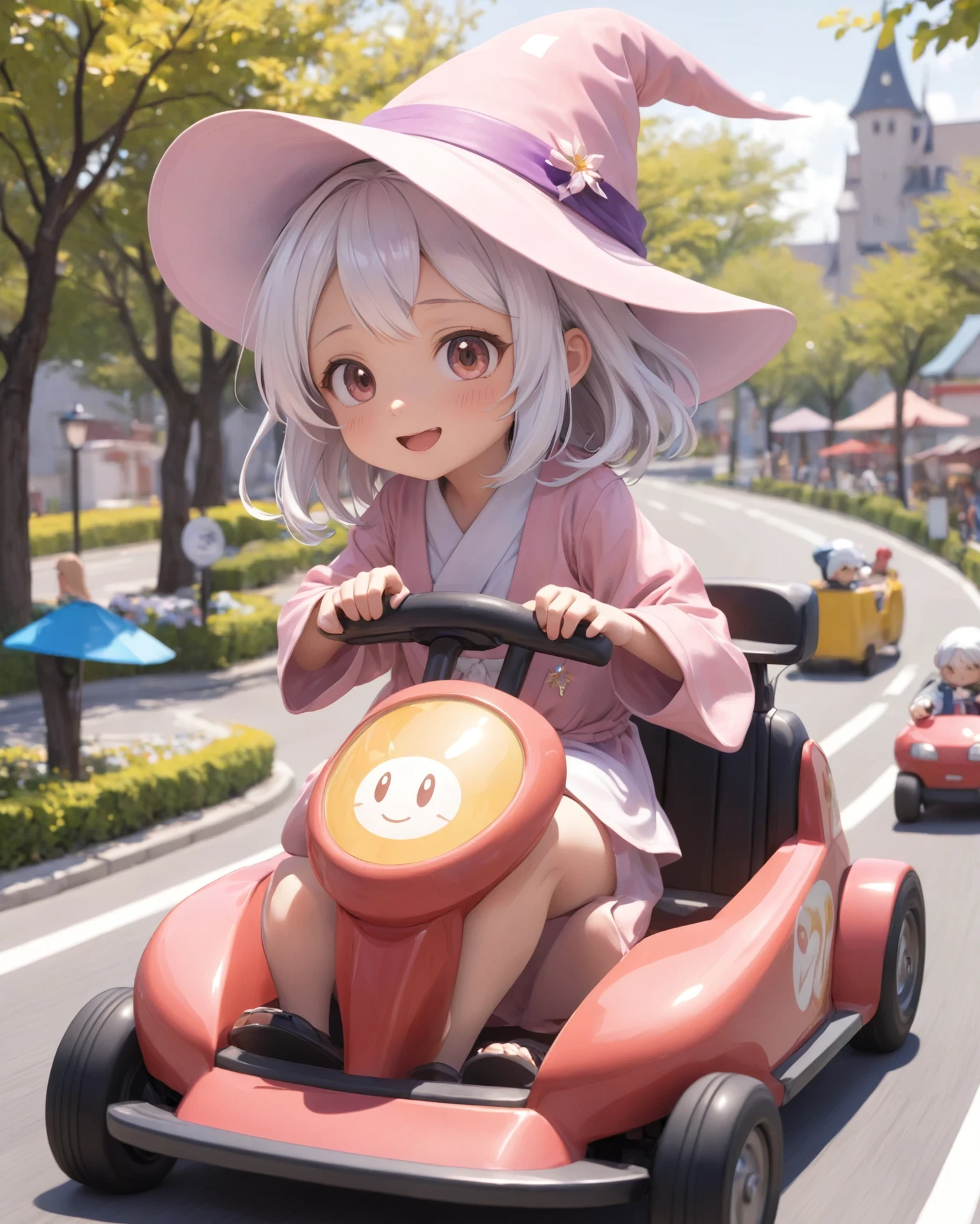 anime, cute girl driving gocart, high speed, motion blur, wizard hat, robe, happy, bloom, ambient occlusion, bokeh, transparent, translucent