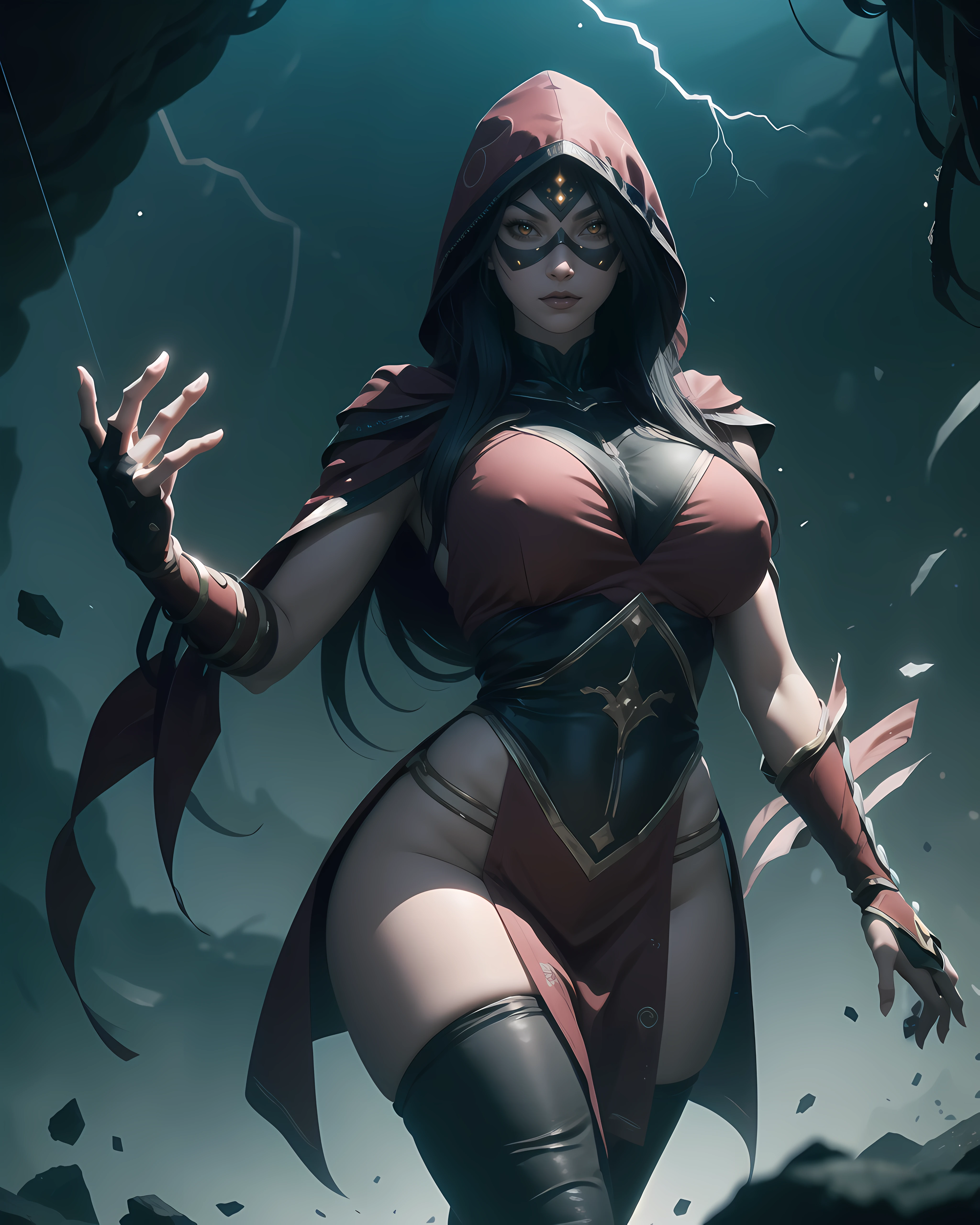 highly insanely detailed, masterpiece, top quality, best quality, highres, 4k, 8k, RAW photo, (1girl),solo, Sadira, domino mask, thighs,
magic particles, dust particles,
magic, floating hair,
random colors cloth, random colors hair, random long hair, dynamic hair, glowing hair,(dynamic weather),amazing composition, depth of field, movie composition, (huge breasts:1),
fantasy, webs,dark cave, treasure, (pinup), (night:1.2), storm,
looking at viewer,
<lora:Sadira_v01:0.75>