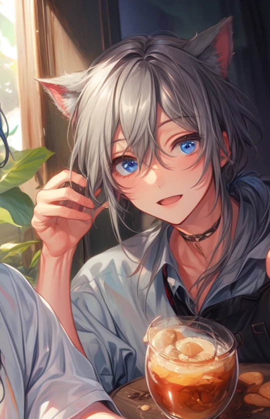 NIJI, shiina niki, dark gray hair, blue eyes, low ponytail, male focus, coffee shop, white shirt, black apron, ☕