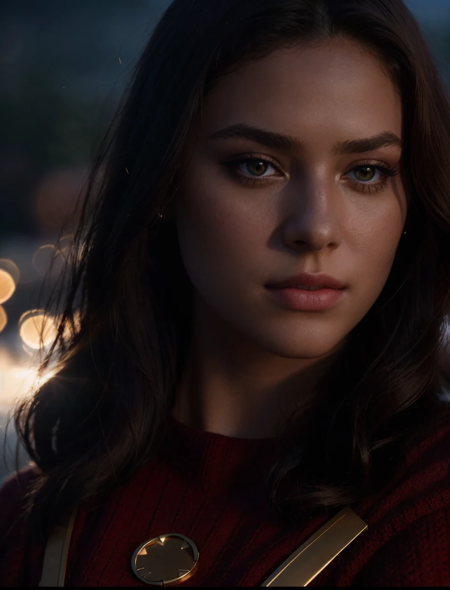 cinematic film still 1girl, young,  Close-up, (beautiful girl, make up), (Age 25),  costume red, gold, blue, wing golden in fire, hero armor, HD, lens flare, cable knit sweater, pleated skirt, and loafers, looking at viewer, (RAW Photo, cg unity, photography, ultra realistic details, sharp focus, detailed skin,4k, high-res, masterpiece, best quality:1.1), (realistic, photo-realistic:1.37) (8k,4k, UHD, high resolution, professional, cinematic, movie, dramatic, noise), (detailed background:1.25), bokeh anamorphic depth of field blur background, <lora:epi_noiseoffset2:1.9>  . shallow depth of field, vignette, highly detailed, high budget, bokeh, cinemascope, moody, epic, gorgeous, film grain, grainy
