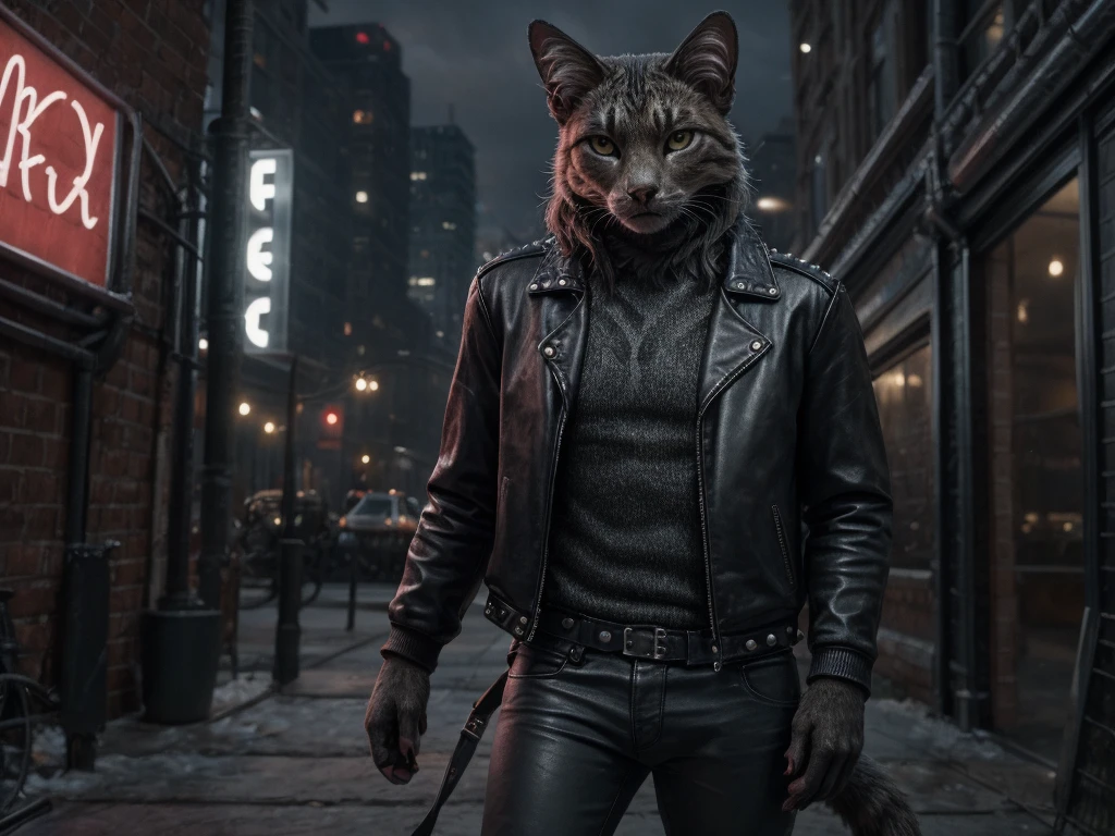 anthro, domestic cat, feline, male, looking at the viewer, leather jacket, studded jacket, dark colored pants, annoyed, city setting, futuristic,
BREAK,
(detailed background:1.2),high detail, film photography, RAW candid cinema, realistic, analog style, best quality, ultra realistic, 8k,