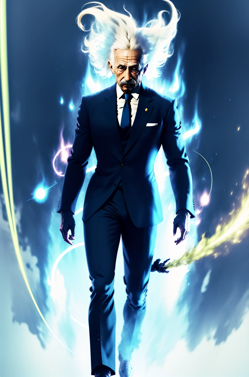yomama_ultra_instinct, speed line , full body, light from below, particle effect, ((aura:1.2)), floating hair , 1man, <lora:yomama_ultra_instinct_v2-10:0.7>, <lora:Albert Einstein:0.8> Albert Einstein, Einstein, formal suit, collar shirt, belt, tie