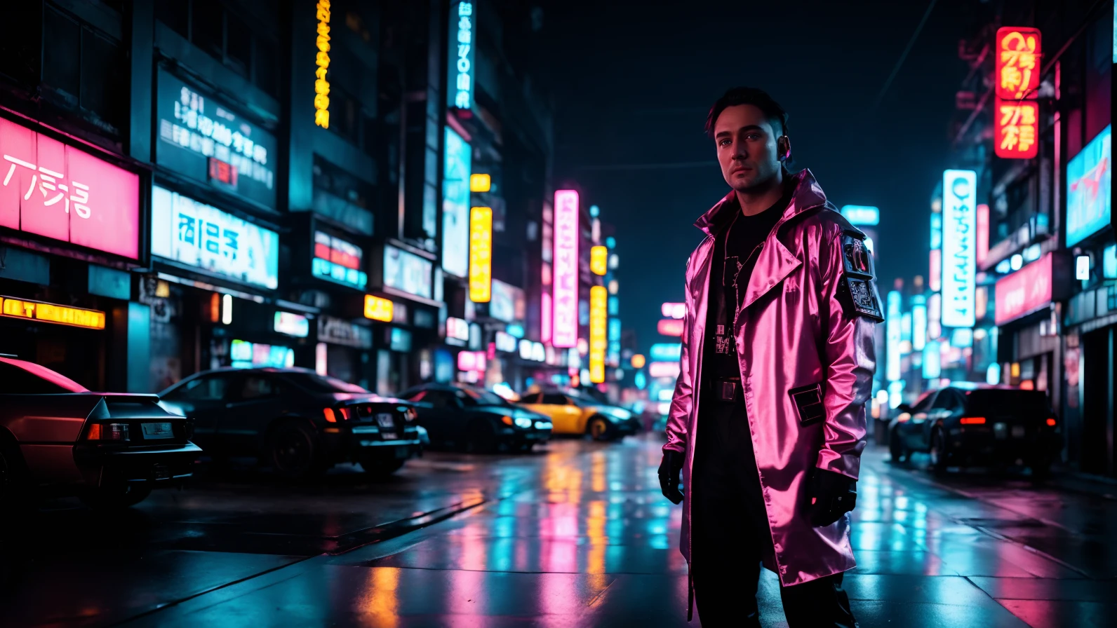(Man:1.2) , wearing Cyberpunk metal suit with Cyan neon lines, cyberpunk city street in neo-tokyo, nighttime, neon dark pink lights, nebula, metals, the Man is Directing a play, Fairy-Tale, Chic Lip Ring, detailed, masterpiece, Cosy, Dramatic spotlight, F/1.8, pop art stylized by Tristan Eaton