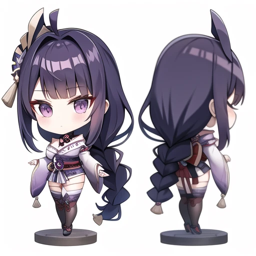 doll, raiden shogun, 1girl, long hair, (Complete hands:1.5),japanese clothes, purple eyes, kimono, hair ornament, braid, sash, thighhighs, purple hair, chibi, obi, bangs, breasts, white background, armor, simple background, mole, looking at viewer, wide sleeves, front and back, shoulder armor, mole under eye, long sleeves, obiage, obijime, multiple views, very long hair, blunt bangs, standing, petals, closed mouth, purple kimono, gloves, bridal gauntlets, black gloves, faux figurine, single braid, full body, vision \(genshin impact\), blush, tassel, from behind, braided ponytail, ribbon, base, tomoe \(symbol\), mitsudomoe \(shape\), makeup <lora:raiden_shogun-doll1.5v1-000002:1>