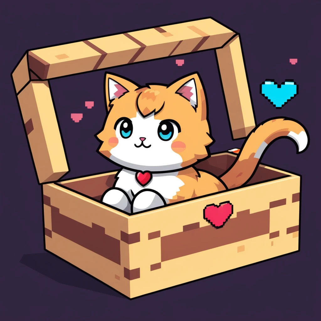 anime artwork Minecraft style a cute little cat, in a box with a heart pattern . blocky, pixelated, vibrant colors, recognizable characters and objects, game assets . anime style, key visual, vibrant, studio anime, highly detailed