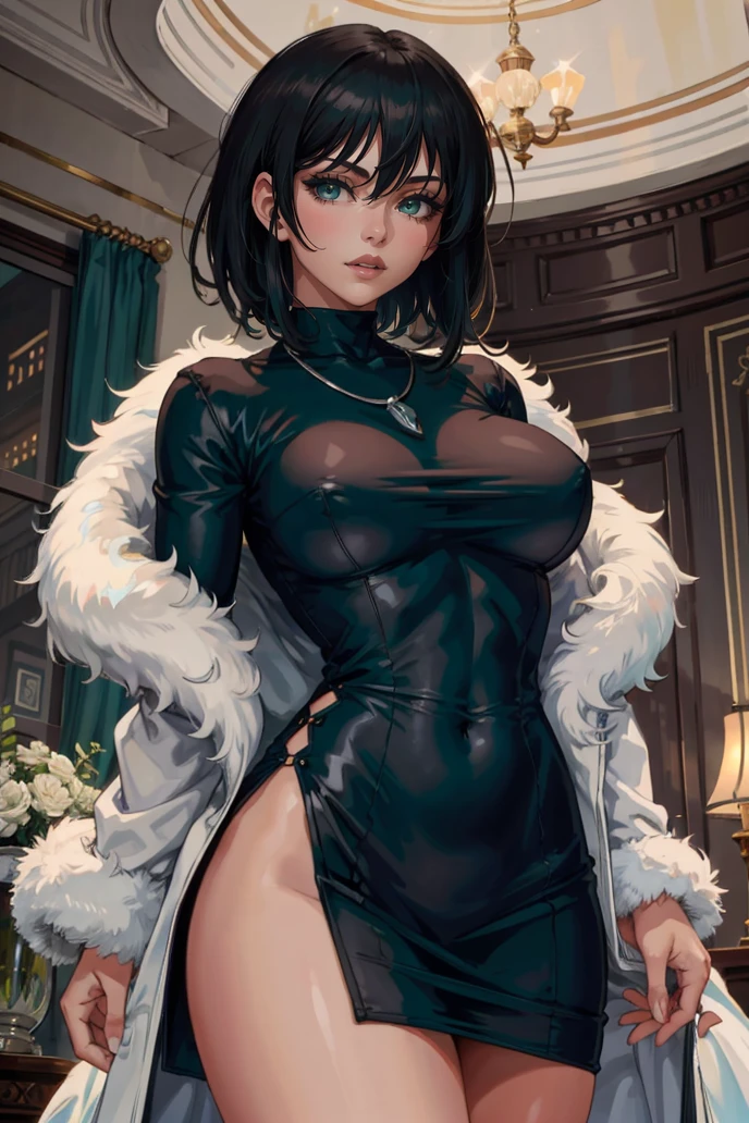 Fubuki from Onepunch-man, short black hair, sexy girl, erotic, stockings, cute girl, short night dress, night club, night, dark dress, black dress, black stockings, black and white sneaker