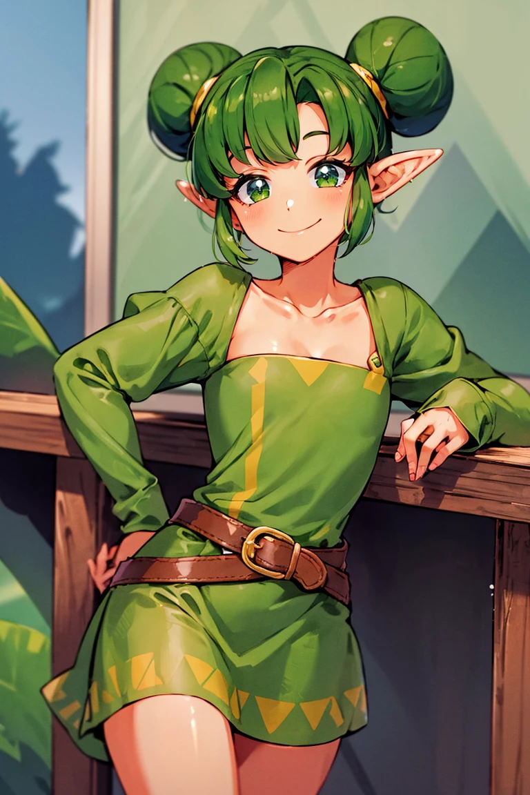 <lora:hoshino_fuuta_style:0.8>,((masterpiece,best quality)), absurdres, <lora:Farore_Zelda_Anime:0.8>, Farore_Zelda, green dress, belt, triangles, solo, smiling, looking at viewer, cowboy shot,