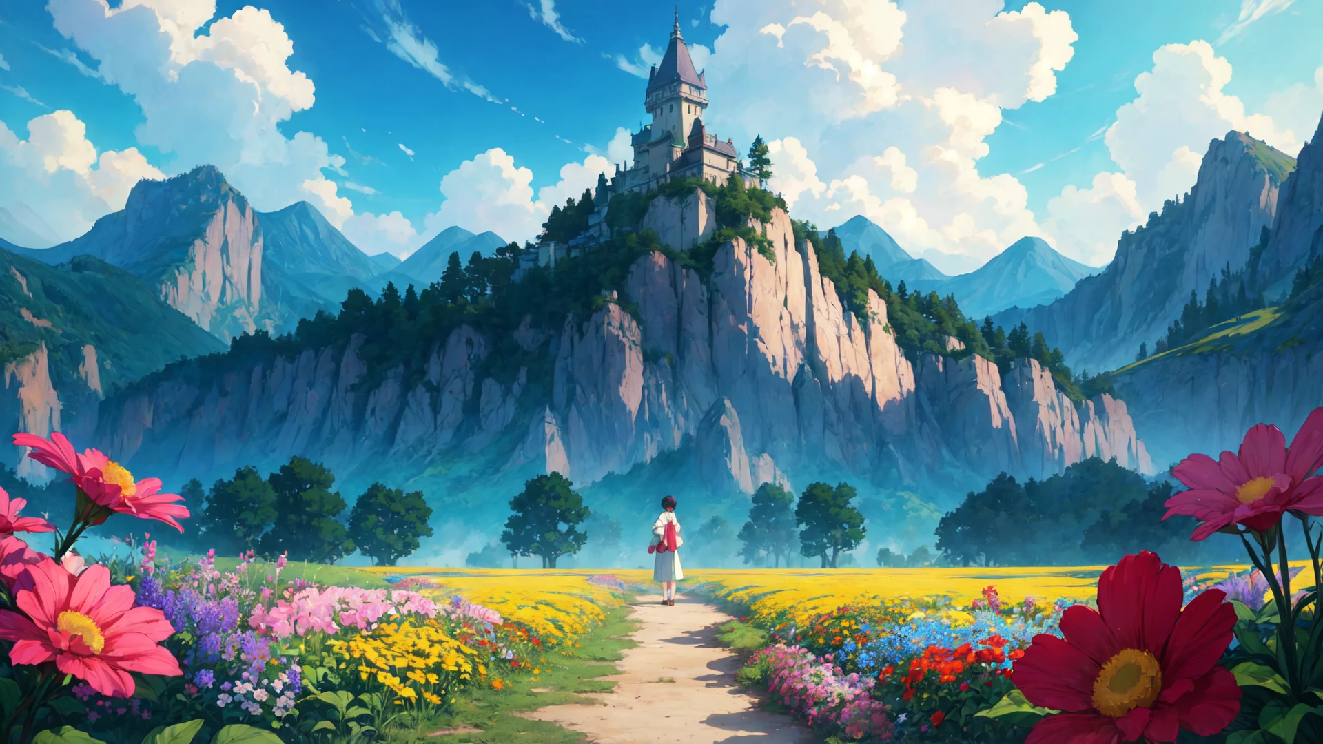 soft and warm color,  still,bright,vivid,dreamy,evocative use of light and shadow, incredible beauty,anime style,vibrant,studio anime, vibrant,beautiful,textural,(((masterpiece))),(((best quality))),((ultra-detailed)),impeccable, intricate details, outdoors, nature, scenery, flowers, hayao miyazaki style, <lora:add_detail:0.3>
