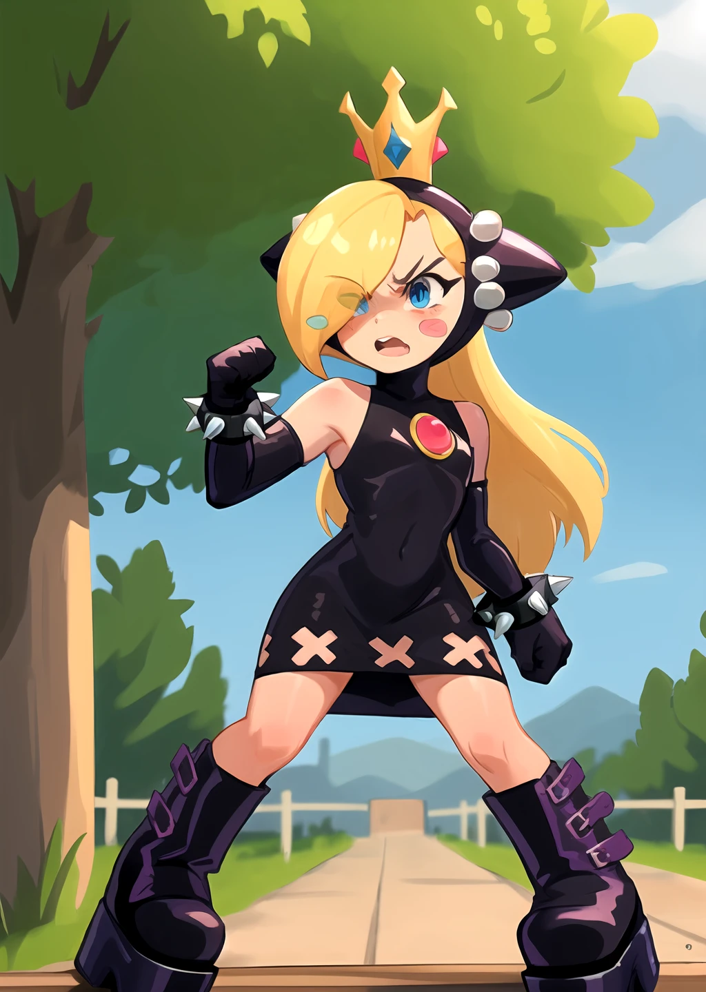 <lora:GoodHands-beta2:1> 1girl, <lora:Walpeach-10:0.8> walpeach, black dress, purple gloves, boots, black footwear, spiked bracelet, black headgear,
blush stickers, outdoors, hair over one eye, blue eyes, angry, platform footwear, raised fist, open mouth, elbow gloves,
<lora:khyleri_ex-07:0.4>