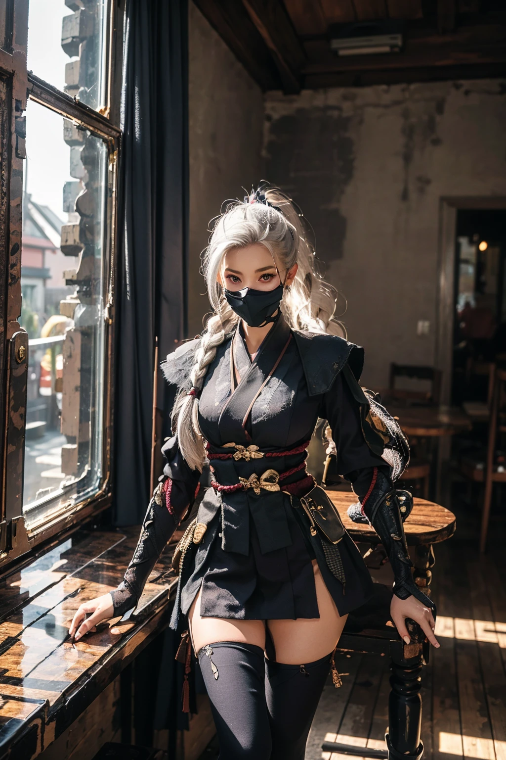 <lora:AiRi:0.8>, 1girl, solo, AiRi, long hair, breasts, thighhighs, jewelry, medium breasts, very long hair, ponytail, braid, white hair, earrings, mask, covered mouth, ninja, bodysuit, ninja mask, blouse,smirk, Best quality, masterpiece, ultra high res, (photorealistic:1.4), raw photo, 1girl, waist up, in coffeeshop, deep shadow, dark theme, take a chair