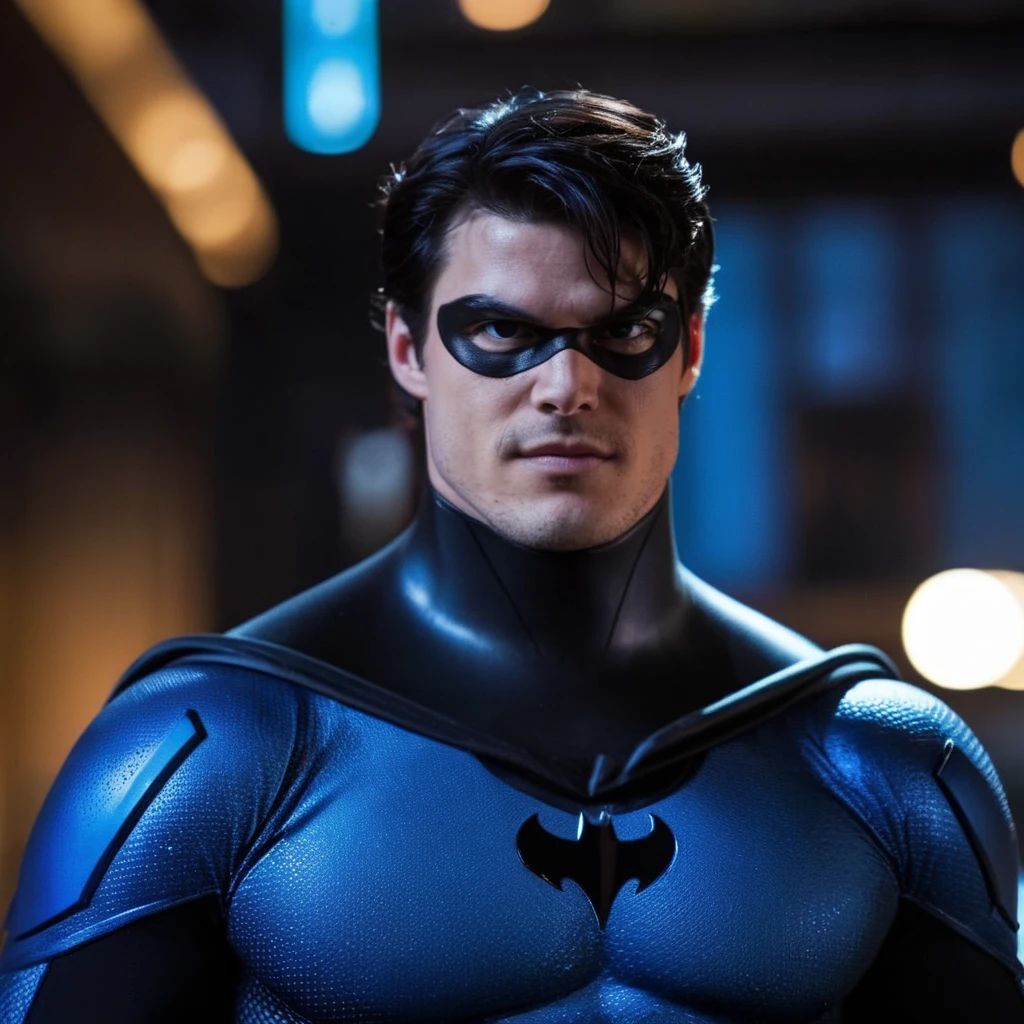 cinematic film still of <lora:Batman The Animated Series Style:1.2>
Nightwing In Gotham City a man in a blue and black costume Batman The Animated Series Style, shallow depth of field, vignette, highly detailed, high budget, bokeh, cinemascope, moody, epic, gorgeous, film grain, grainy
