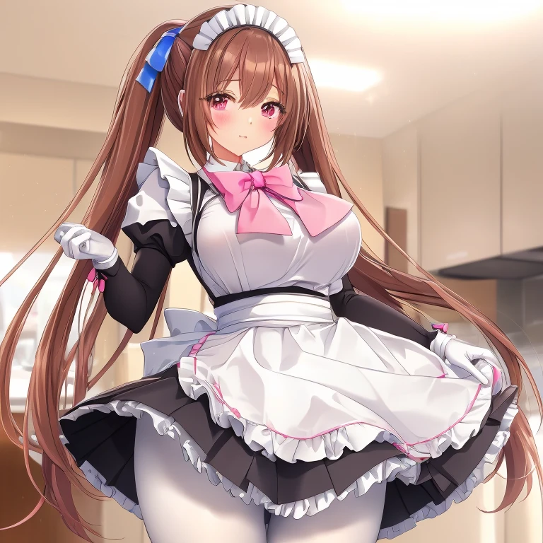 A girl with white skin, red eyes, long brown hair with 2 very long fluffy pigtails that reach her thighs, big breasts and a big ass, big tits, very nice and big tits and a very nice and big ass, big ass and busty, very nice and big tits, very nice and big ass, very nice and big ass and very nice and big tits, maid outfit in her room, she is lying on the bed
