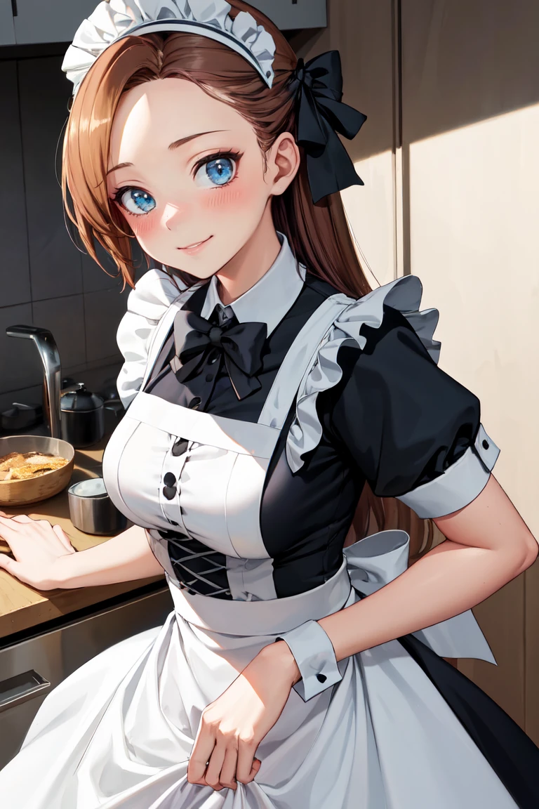 masterpiece, best quality, absurdres, 1girl, solo, KatarinaClaes, asymmetrical bangs, maid, maid headdress, maid apron, kitchen, smile, blush, <lora:KatarinaClaes:0.8>
