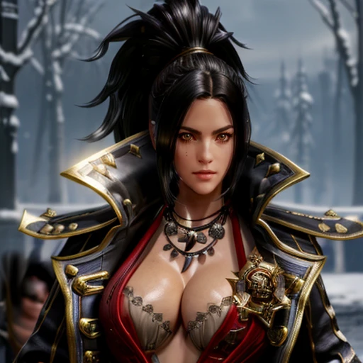 <lora:BlackfangLora:0.8> 1girl, black hair, ponytail, jewelry, necklace, cleavage, long hair, coat, boots, brown eyes, gloves, belt, holding weapon, beautiful eyes, beautiful girl, high detail skin, high detail eyes, high detail hair, ((highres, ultra detailed,  <lora:real_slider_v2:4>