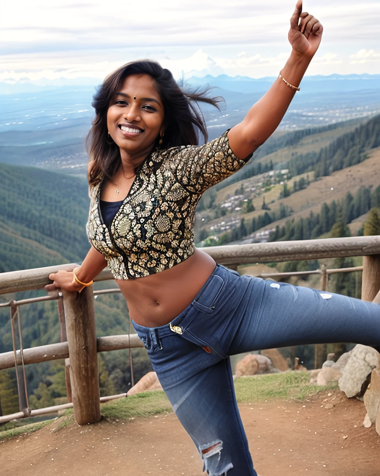 ultrarealistic photo of a 30-year-old desiespresso woman, dynamic pose, wearing Jeans_with_kurta, smiling, on a mountain top background bokeh <lora:Desi_Coffee_SD15_LoRA_V2:0.6>