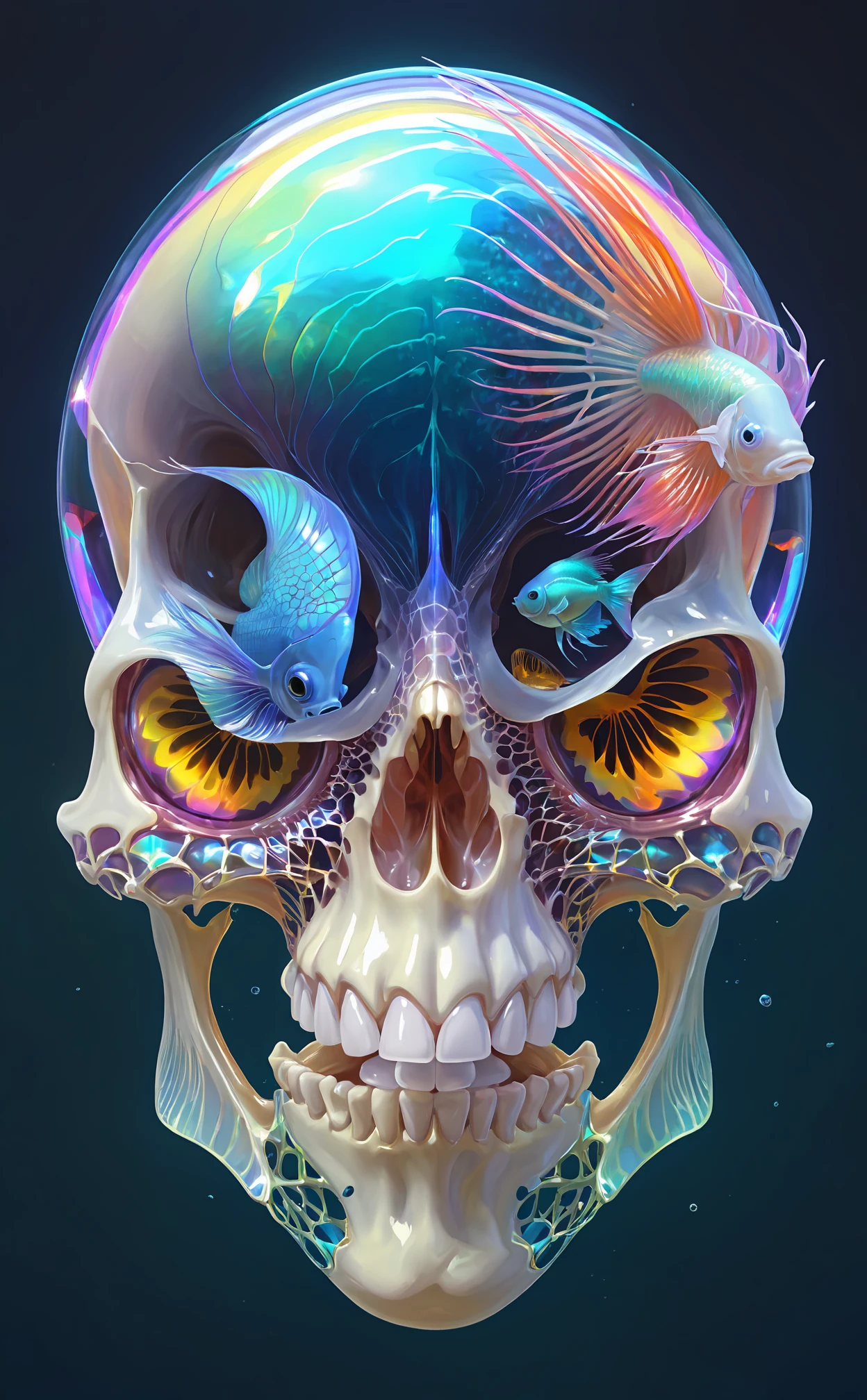 close-up portrait of skull dichroic orchid jellyfish skull, betta fish, bioluminiscent creatures, intricate artwork by Tooth Wu and wlop and beeple. octane render, trending on artstation, greg rutkowski very coherent symmetrical artwork. cinematic, hyper realism, high detail, octane render, 8k rutkowski greg by detailed, highly painting, digital art, concept artstation, (on trending rutkowski:1.25), g
