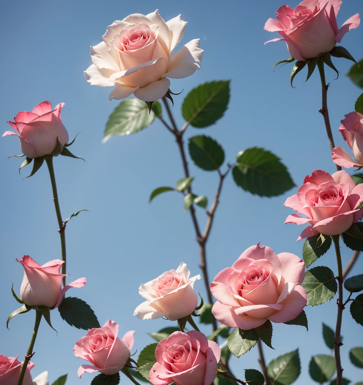 cinematic film still delicate scene, sky,white clouds,and sunlight, pink rose, Magical flowers, blue and pink, beautiful digital painting, translucent roses ornate, . shallow depth of field, vignette, highly detailed, high budget, bokeh, cinemascope, moody, epic, gorgeous, film grain, grainy