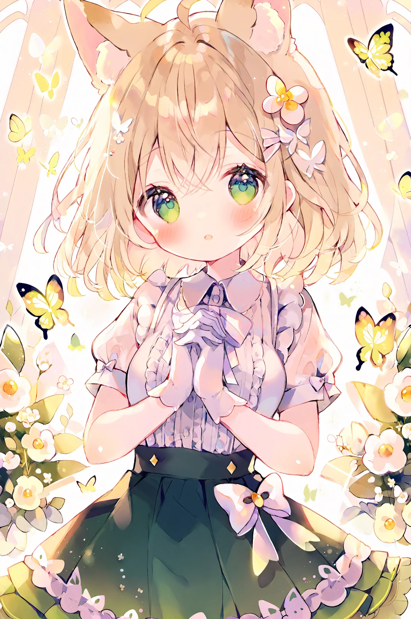 cute style, 1girl, solo, blush, white shirt, green eyes, hair between eyes, hands up, white gloves, butterfly, looking at viewer, short sleeves, green skirt, interlocked fingers, animal ears, light brown hair, hair flower, white flower, white bow, own hands together, center frills, upper body, covered mouth