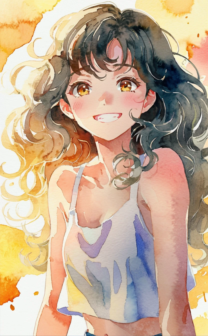 Watercolor painting anime artwork masterpiece,Soft and warm color palette,best quality,movie still,The beginning of the story is always very gentle,soft lighting,bright,vivid,dreamy,((dynamic angle:1.1)),evocative use of light and shadow,sunshine on the face,1girl,smile,light curly hair,black hair,messy hair,happy,incredible beauty,fun,high-waist_shorts,anime style,key visual,vibrant,studio anime,highly detailed,(((masterpiece))),(best quality),((ultra-detailed)) . Vibrant,beautiful,painterly,detailed,textural,artistic,(((masterpiece))),(((best quality))),((ultra-detailed)),