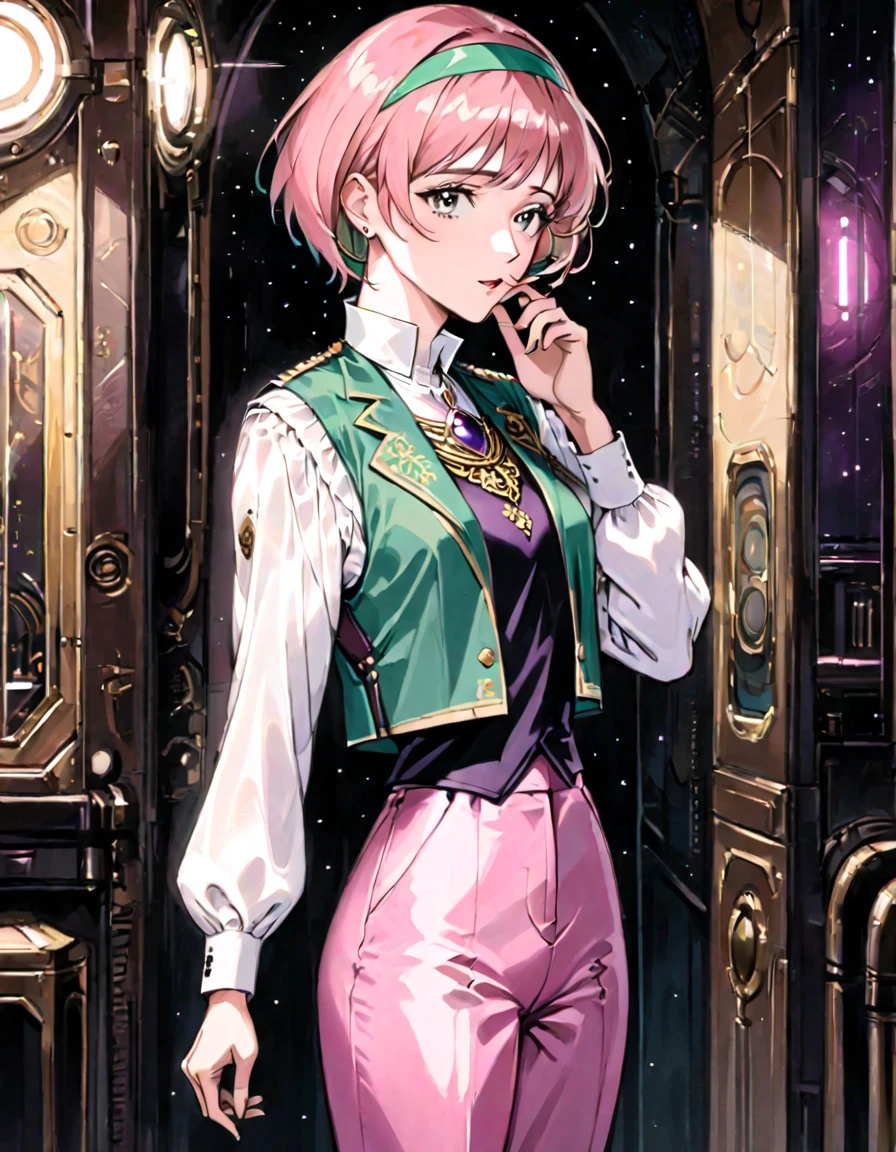 ((style of dieselpunk)),a woman,heikevahs,very short hair,mature female,standing,looking at viewer,headband,vest,jewelry,ornate clothes,white collared shirt,long sleeves,pink pants,in dark spacecraft interior,((stroking chin,hand on chin)),contemplative, <lora:VahsXL:0.9>
