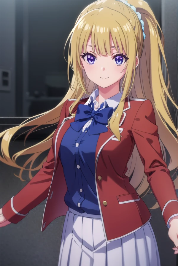 keikaruizawa, <lora:kei karuizawa s2-lora-nochekaiser:1>,
kei karuizawa, long hair, bangs, blunt bangs, (purple eyes:1.1), blonde hair, shirt, hair ornament, ponytail, scrunchie, blue scrunchie, smile,
BREAK skirt, shirt, bow, school uniform, jacket, (red jacket:1.2), pleated skirt, bowtie, sweater, (blue bow:1.2), (blue shirt:1.2),
BREAK indoors, classroom,
BREAK looking at viewer, (cowboy shot:1.5),
BREAK <lyco:GoodHands-beta2:1>, (masterpiece:1.2), best quality, high resolution, unity 8k wallpaper, (illustration:0.8), (beautiful detailed eyes:1.6), extremely detailed face, perfect lighting, extremely detailed CG, (perfect hands, perfect anatomy),