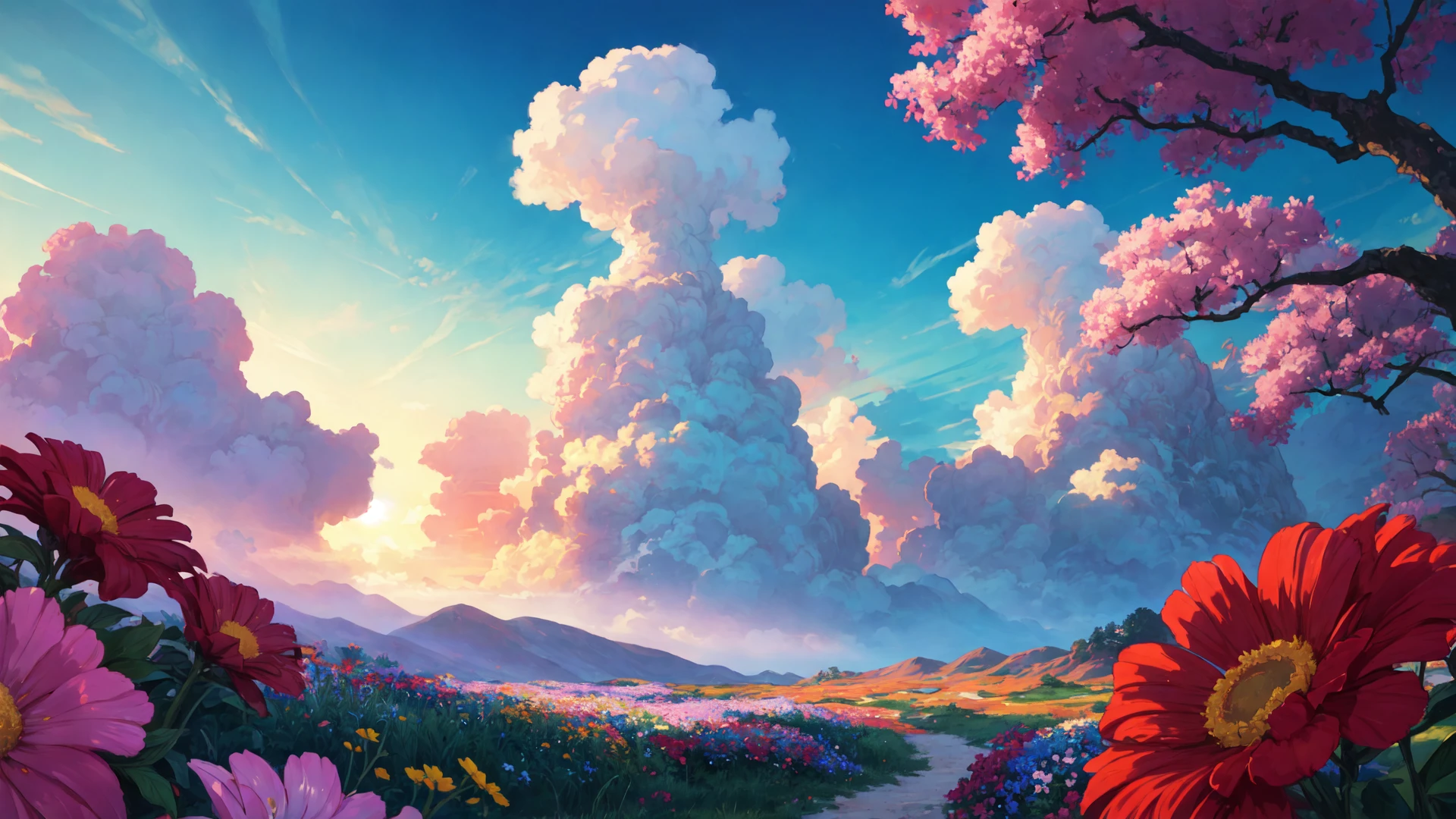 soft and warm color, still,bright,vivid,dreamy,evocative use of light and shadow, incredible beauty,anime style,vibrant,studio anime, vibrant,beautiful,textural,(((masterpiece))),(((best quality))),((ultra-detailed)),impeccable, intricate details, outdoors, nature, scenery, flowers, hayao miyazaki style, <lora:add_detail:0.3>