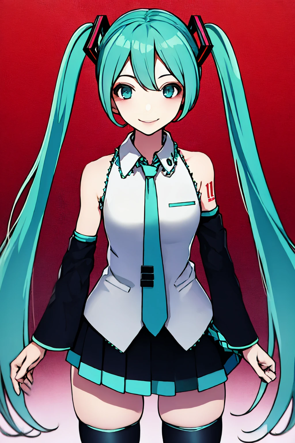 (masterpiece, best quality:1.2), solo, 1girl, hatsune miku, smile, looking at viewer, twintails, sleeveless shirt, necktie, detached sleeves, skirt, thighhighs <lora:style_minagikou:1>