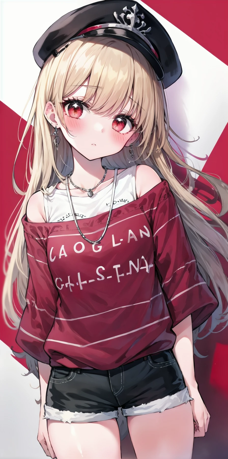 (best quality, masterpiece), (eye focus, face, close-up:0.6), blush, (expressionless:0.7), 1girl, solo focus, bangs, dutch angle, side, head tilt, jewelry,cap,bow, casual, punk, slender, shorts, contemporary , (casual, contemporary, red theme), bare shoulder, (background:-1)