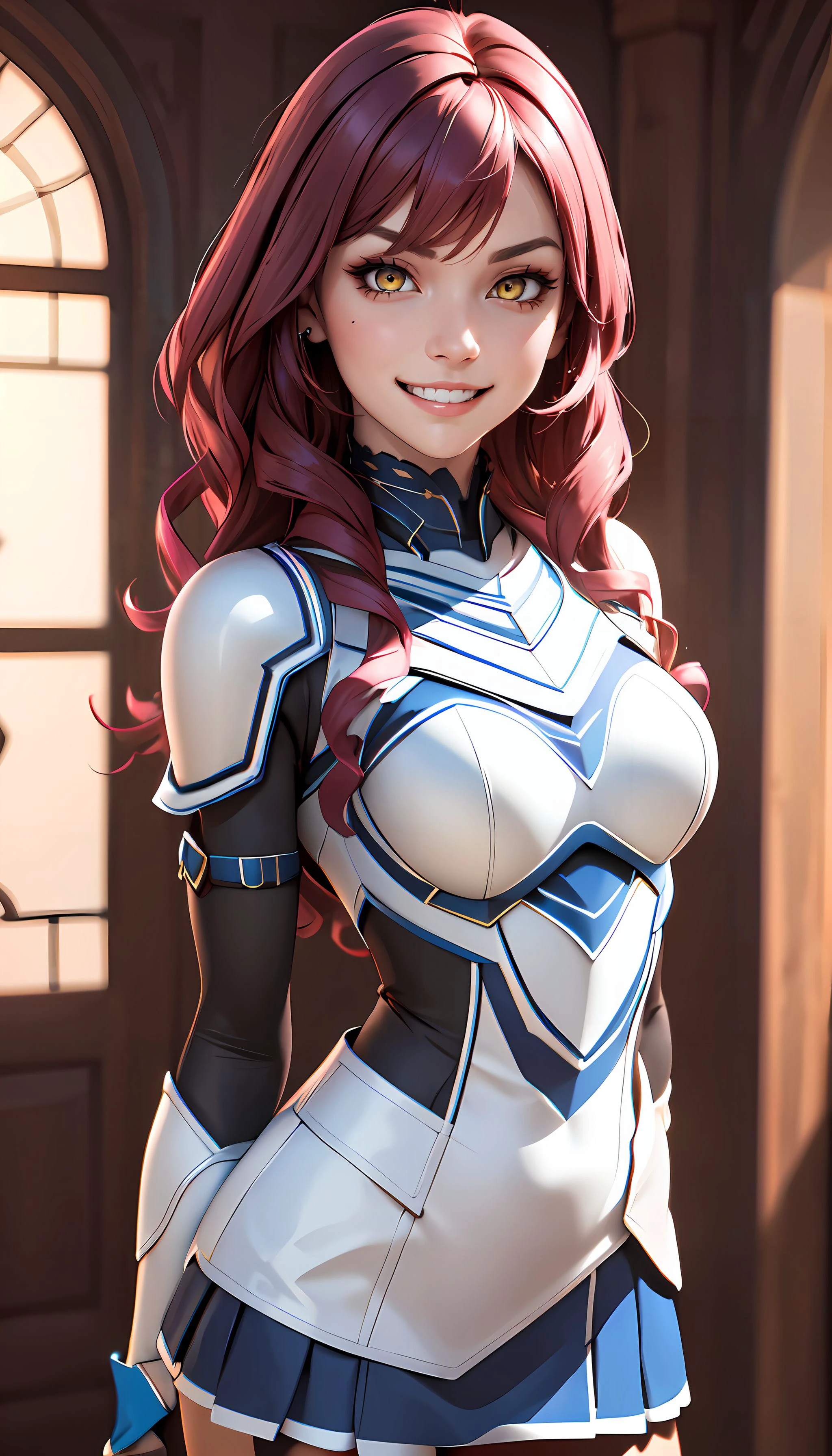 photorealistic, (4k), (Masterpiece), (realistic skin texture), extremely detailed, intricate, hyper detailed, high resolution, sharp detail, best quality, woman, white armor, blue trim, blue miniskirt, black thighhighs, long hair, pink hair, yellow eyes, <lora:Memil-000004:0.7> , <lora:GoodHands-beta2:0.8> ,  <lora:BetterFeet:0.8> , evil grin, one arm behind her back ,