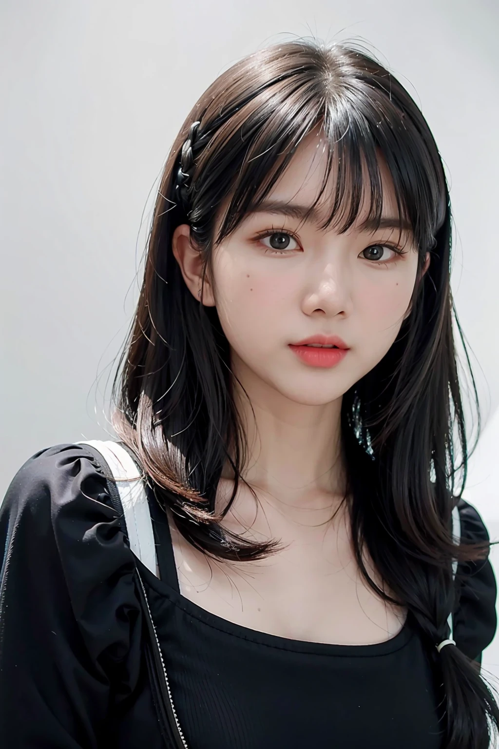 1girl,hair with bangs,black long dress,white background,  <lora:JigsawV1-02:1>