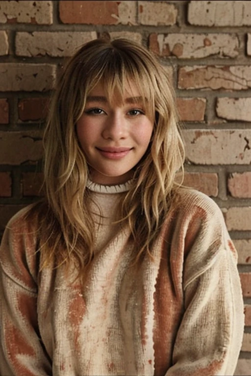photograph of malina weissman, leaning against brick wall, (smiling:0.8), (bleach blonde hair:1.2), fashion, turtleneck, corduroy sweater, from front, movie still <lora:Malina_Weissman:0.8>