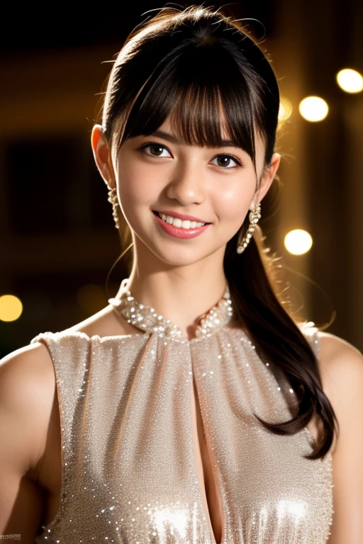 highest quality, 8K, 15 year old student, Ten generations, RAW photo, Completely naked、absurd, award winning portrait, smile, smile, alone, night, neon, idol face, Biolace, gardenia, delicate girl, Upper body, Digital single-lens reflex camera, looking at the viewer, Frank, Sophisticated, zora々right, thin arms, professional lighting, film grain, chromatic aberration, (Eye and face details:1.0), (Bokeh:1.1)