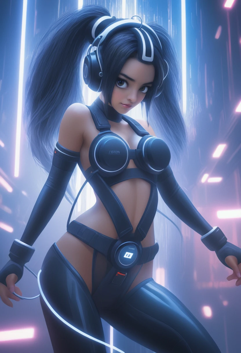 (masterpiece, best quality, ultra_detailed, highres, absurdres:1.2), Pretty 1girl, speakini, multicolor medium hair, (black and white hair:1.3), (dark skin:1.5), (slight smile:0.8), (mask:0.75), face straps, bra, bare shoulders, wristbands, dark gray elbow gloves, dark gray thighhighs, fingerless gloves, neck choker, vibrator, harness, headphones, cybernetics, looking at viewer, park stroll, playing laser harp, lotus, dynamic pose, solo, alone, cinematic lighting, movie still, ((volumetric, rim) lighting:1.3), neon lighting, (full body:1.5), <lora:speakini_xl-gen1-v1.2-000143:0.47>