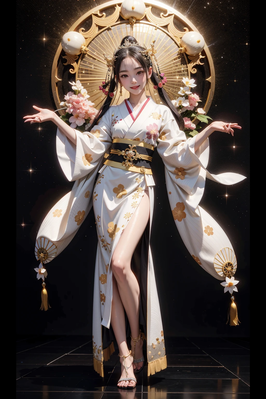 1girl, full body, dancer, graceful Japanese teenage girl, lithe dancer's physique, golden-brown topaz eyes, pearlescent under-kimono with silver-embroidered collar, silk kimono with metallic blossoms, cherry blossom headpiece with glowing crystals, Kanzashi black hair, split-toe slippers with gem-laden metalwork, gently smiling face, galaxy background