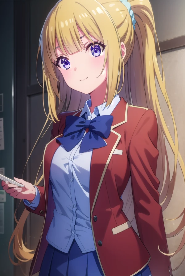 keikaruizawa, <lora:kei karuizawa s2-lora-nochekaiser:1>,
kei karuizawa, long hair, bangs, blunt bangs, (purple eyes:1.1), blonde hair, shirt, hair ornament, ponytail, scrunchie, blue scrunchie, smile,
BREAK skirt, shirt, bow, school uniform, jacket, (red jacket:1.2), pleated skirt, bowtie, sweater, (blue bow:1.2), (blue shirt:1.2),
BREAK indoors, classroom,
BREAK looking at viewer, (cowboy shot:1.5),
BREAK <lyco:GoodHands-beta2:1>, (masterpiece:1.2), best quality, high resolution, unity 8k wallpaper, (illustration:0.8), (beautiful detailed eyes:1.6), extremely detailed face, perfect lighting, extremely detailed CG, (perfect hands, perfect anatomy),