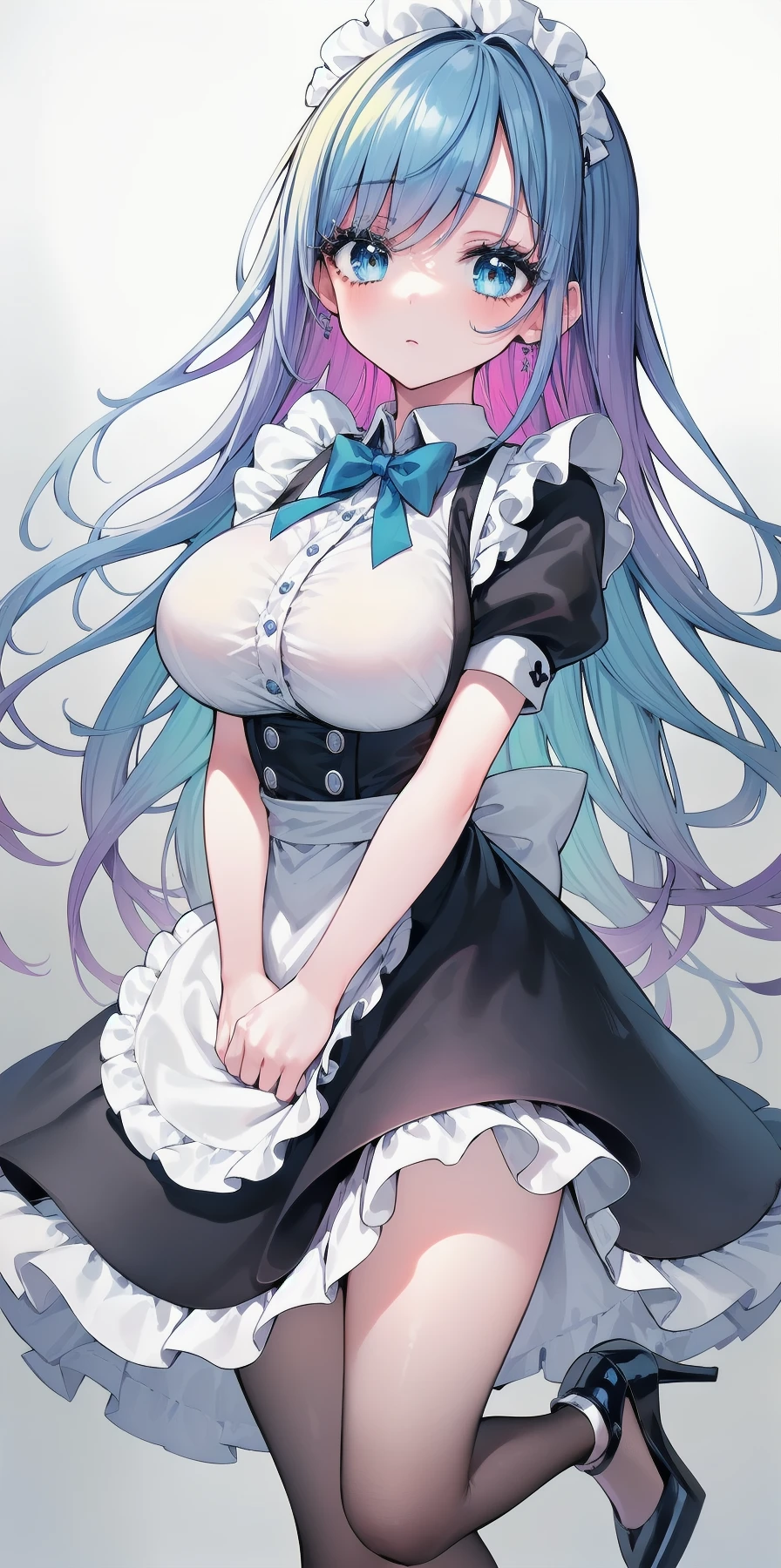 1girl, (eyelashes, eyeliner), slender, dirndl, uniform, underbust, large breasts, bow, boob, (expressionless), frills, (legs:0.5), high_heel, buttons, (blue,white theme:1.3), (multicolored, gradient:1.3), maid,